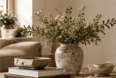 Consolle con vaso di fiori di campo, ciotola in pietra e libri
